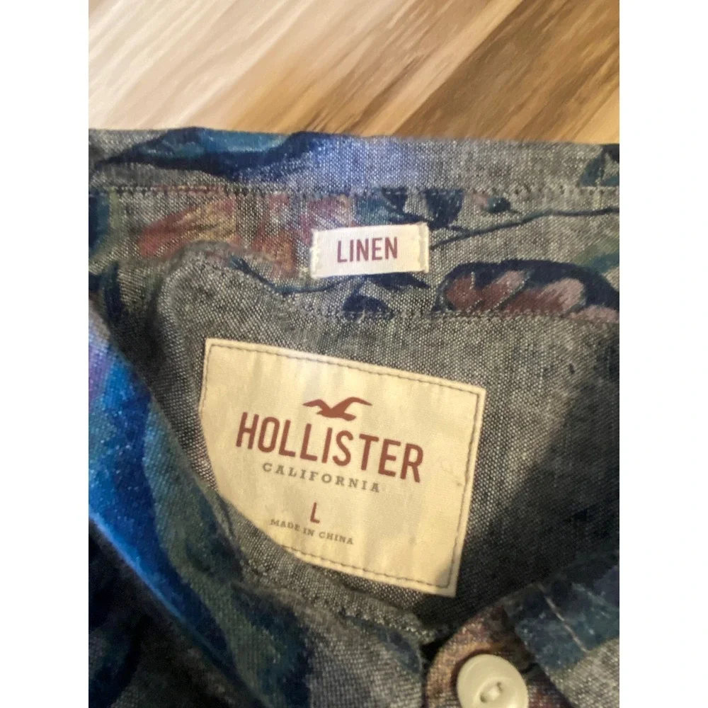 Hollister Mens Blue Tropical Floral Linen Blend Short Sleeve Button Down Shirt L